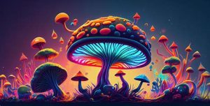 psychedelic mushrooms wide banner of ai art
