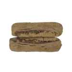 Two rectangular pieces of brown compressed material stacked horizontally, showing a cut edge with layered texture on a plain background.