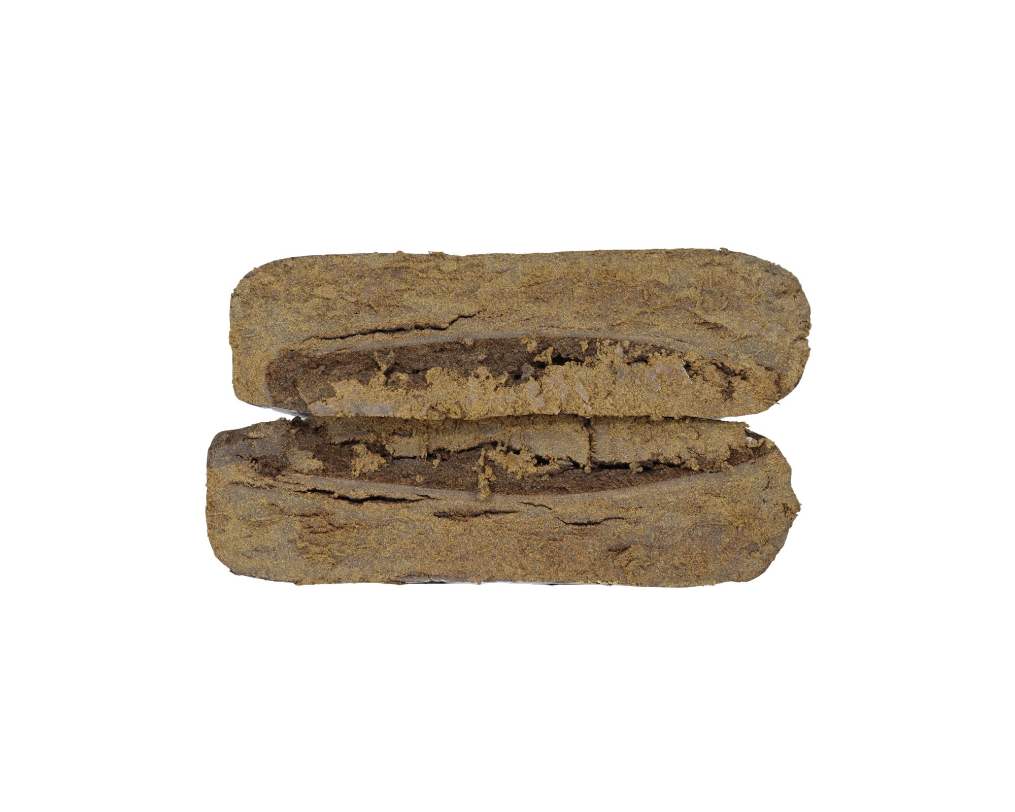 Grape Cut Two rectangular pieces of brown compressed material stacked horizontally, showing a cut edge with layered texture on a plain background.