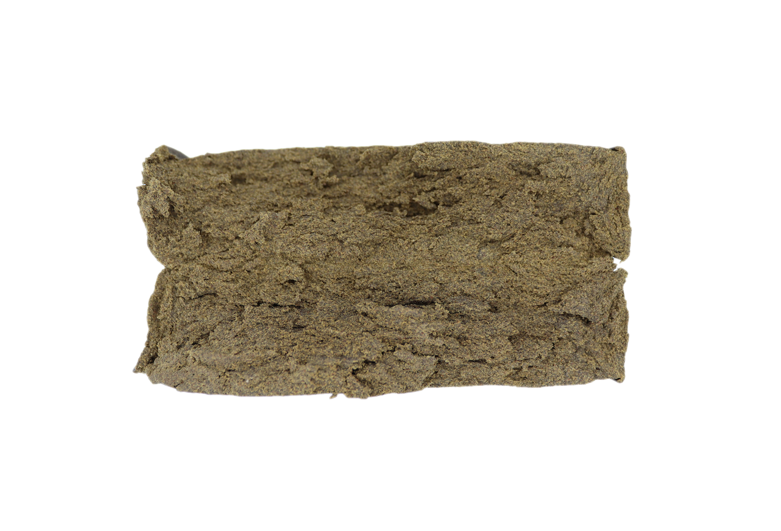 Royal-Afghani_Hash Rectangular piece of compressed brown material with an uneven surface and slightly rough texture photographed on a plain background.