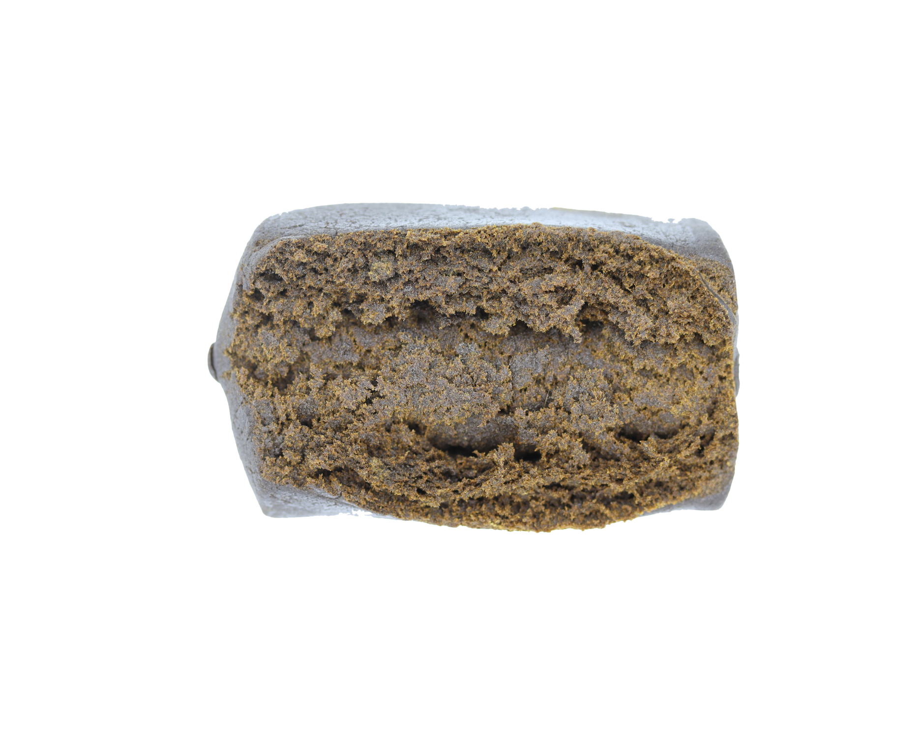Greasy Pink Full Melt Hash Rectangular piece of compressed brown material with a dense, textured surface and slightly glossy appearance on a plain background.
